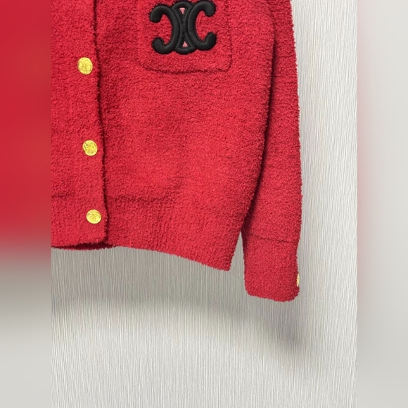 Celine Red Crewneck Stereoscopic Letter Logo Embroidered Knit Cardigan - Picture 7 of 9